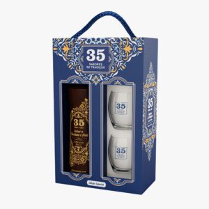 Licor 35 – Creme de Pastel de Nata | Pack Tradição – 35 Sabor a Chocolate e Avelã + 2 Copos
