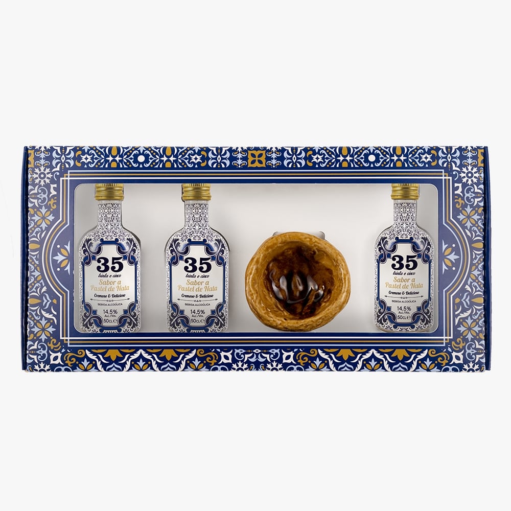 Licor 35 – Creme de Pastel de Nata | Pack 3 Miniaturas + Copo de Faiança